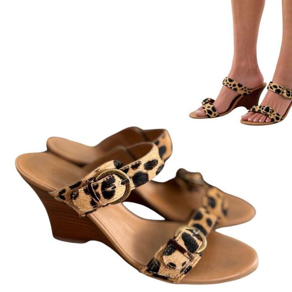 Y2K FUR LEOPARD BUCKLE STRAPPY HEELS WEDGE SANDALS SZ.  8-8.5 COLDWATER CREEK - Picture 2 of 7